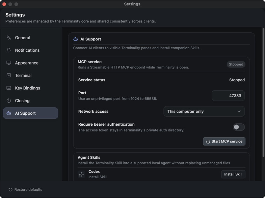 Terminality AI Support settings with a stopped loopback-only MCP service and Agent Skills