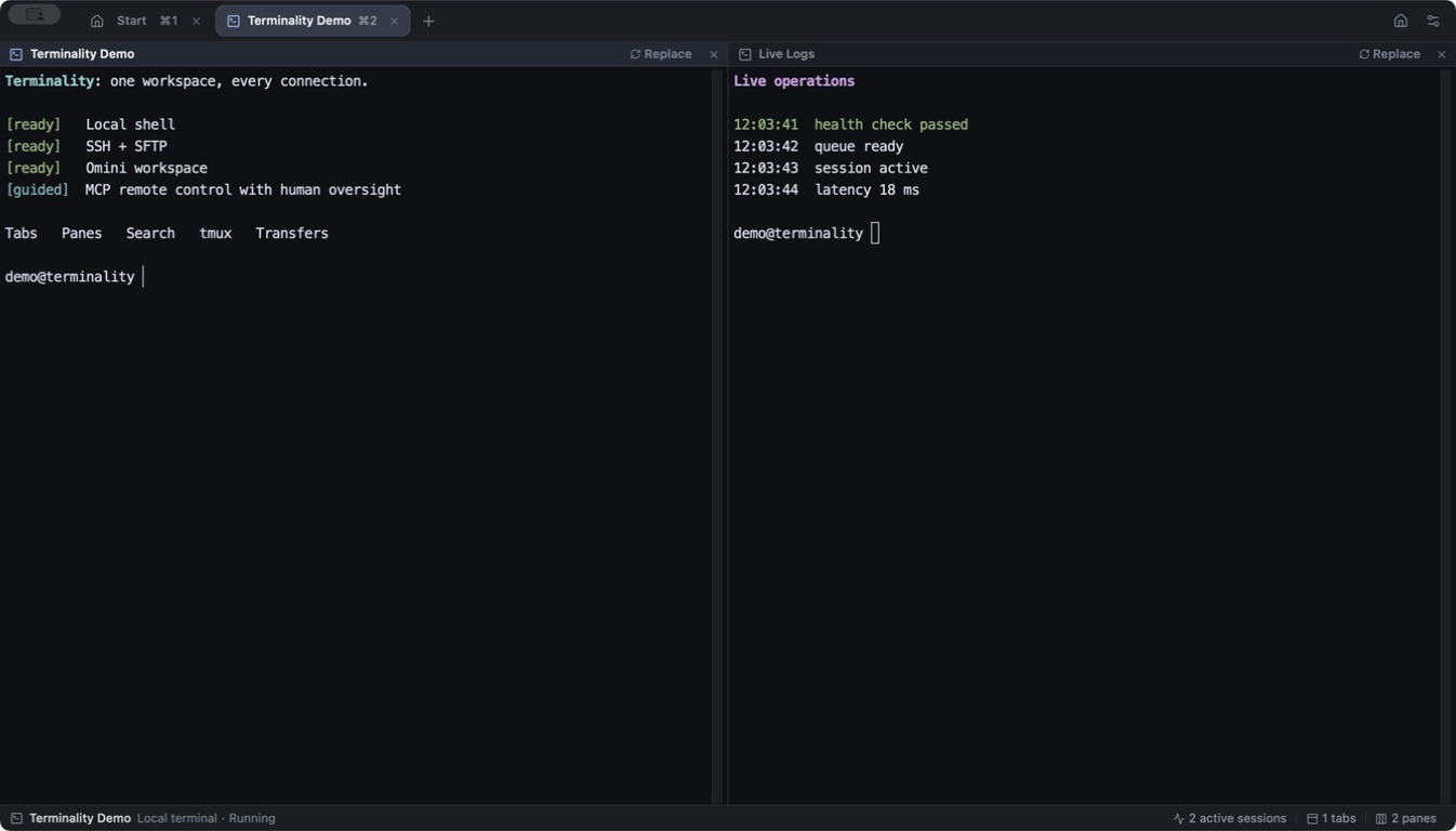 A two-pane terminal workspace in the Terminality desktop client